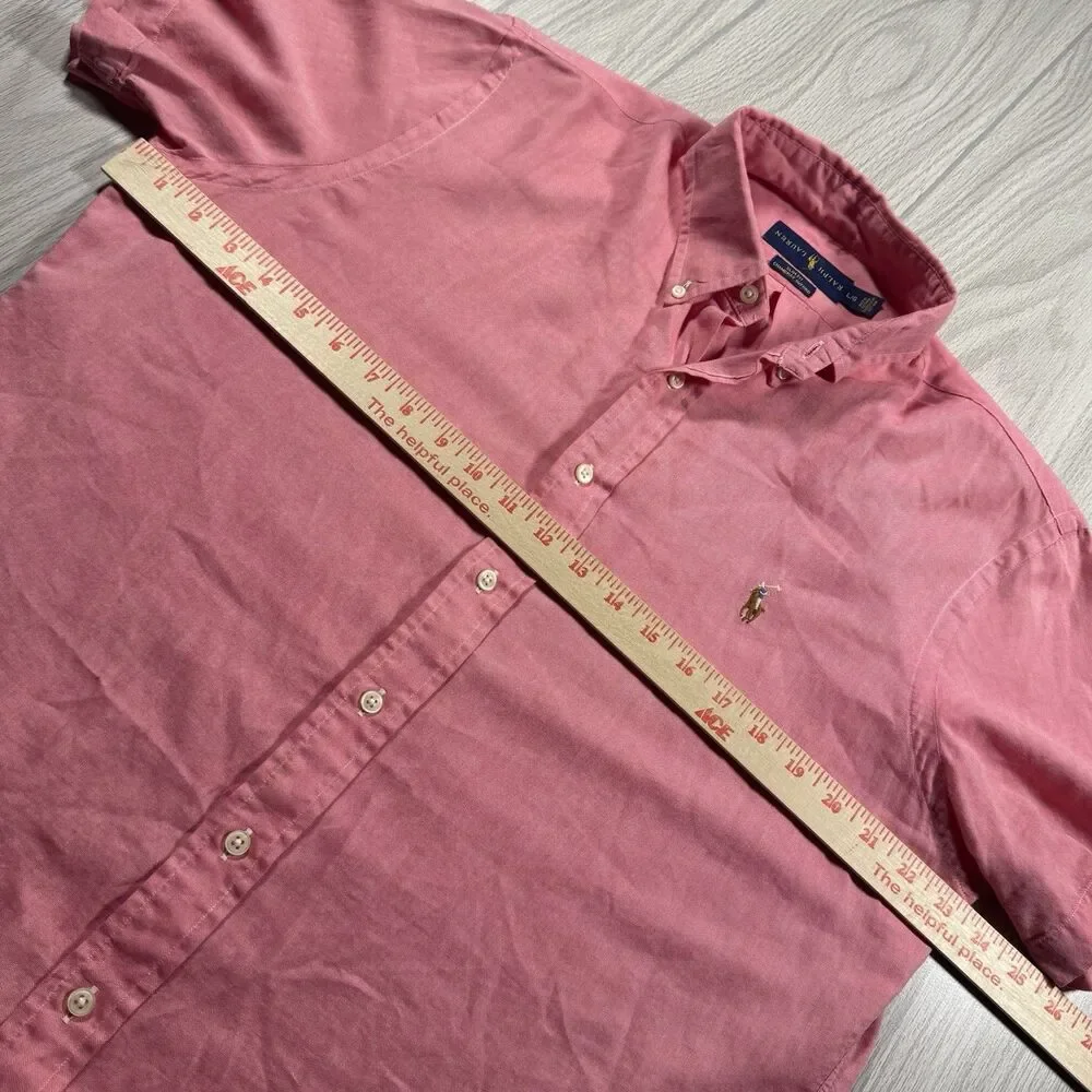 Polo Ralph Lauren Slim Fir Chambray Oxford Mens L Pink SS Button Down Flesh Pony
